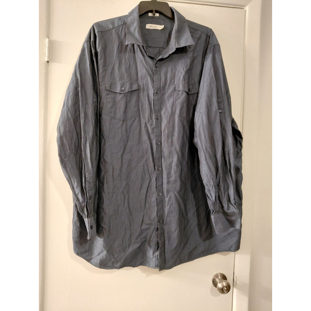 Mens Calvin Klein Black Gray Striped Dress Shirt 4XL Tall 100% Cotton Button Up